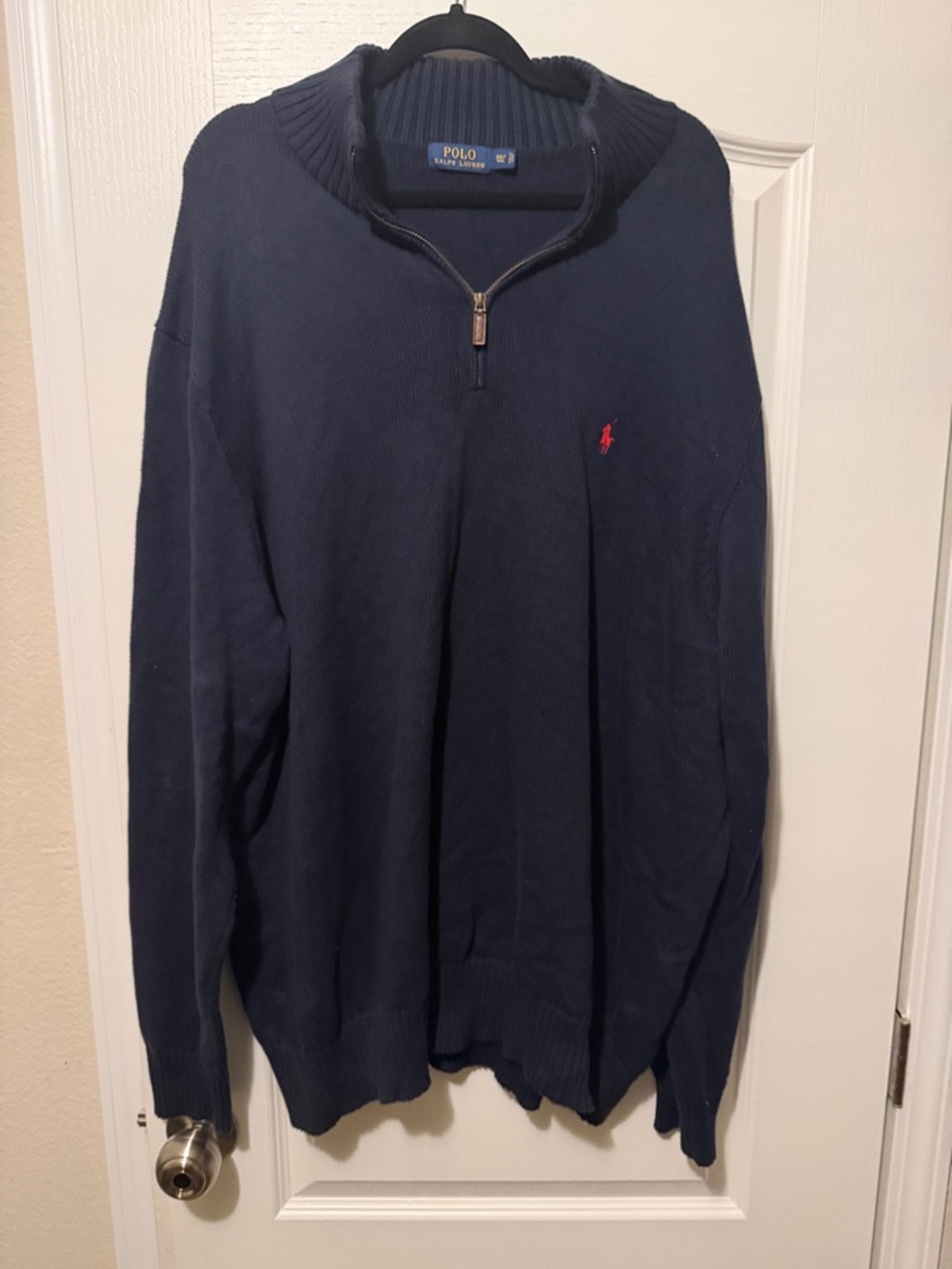 Polo by Ralph Lauren Navy Quarter-Zip Cotton Sweater with Red Pony